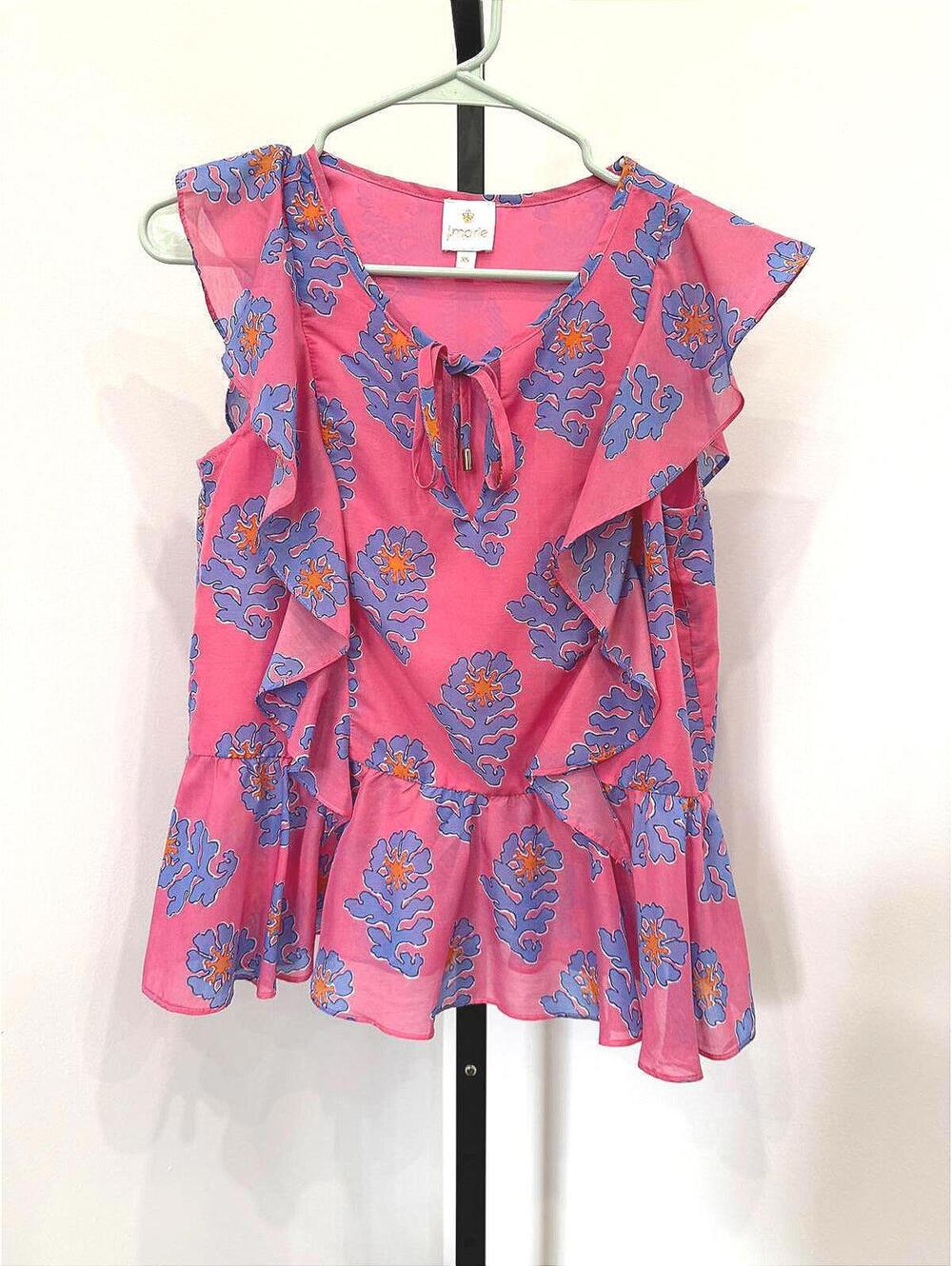 j.marie Pink and Blue Floral Ruffle Sleeveless Blouse XS